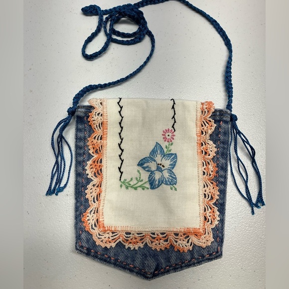 Handmade Upcycled Denim Crossbody Purse, Embroidered, Vintage Doilie - Picture 1 of 5